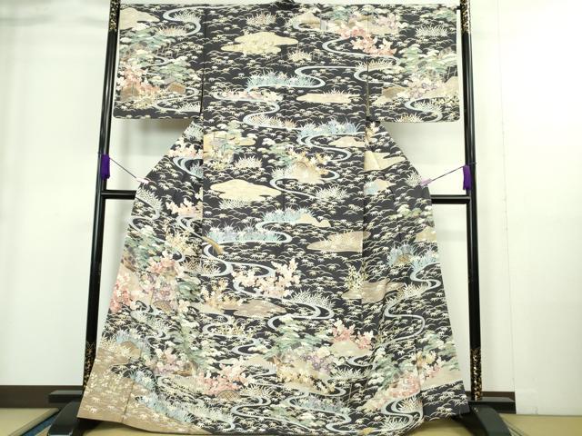 平和屋本店■極上 訪問着 友禅 駒刺繍 渡橋風景花文 青褐色地 金彩 逸品 未使用 DZAA9412kh5