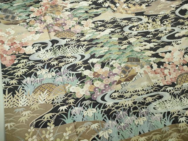 平和屋本店■極上 訪問着 友禅 駒刺繍 渡橋風景花文 青褐色地 金彩 逸品 未使用 DZAA9412kh5