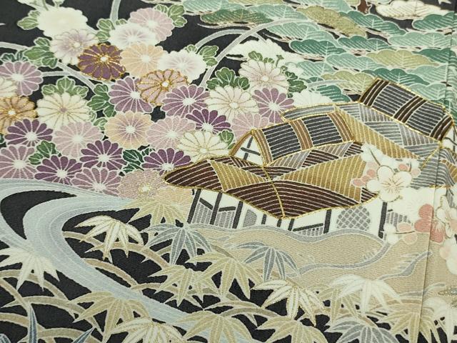 平和屋本店■極上 訪問着 友禅 駒刺繍 渡橋風景花文 青褐色地 金彩 逸品 未使用 DZAA9412kh5