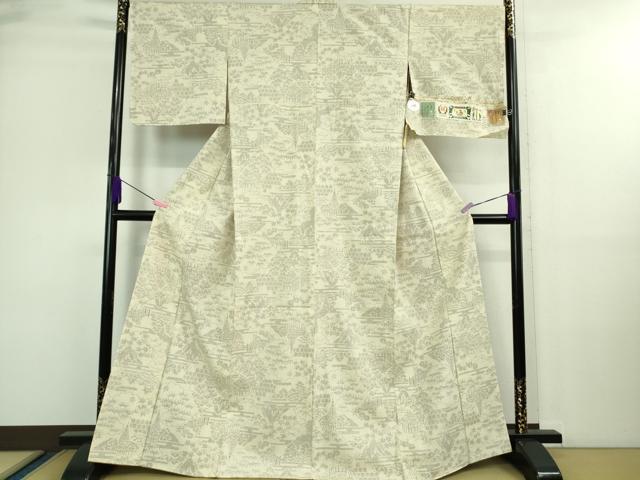 平和屋本店■極上 本場結城紬 重要無形文化財 100亀甲 渡橋風景花文 象牙色地 証紙付き 逸品 未使用 DZAA9438kh5