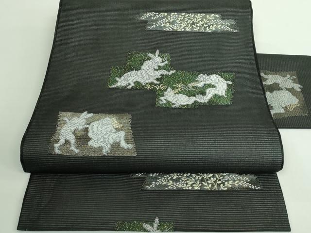 平和屋着物*極上 夏物 九寸名古屋帯 鳥獣戯画 金銀糸 黒地 逸品 新品 DZAA9455kh5
