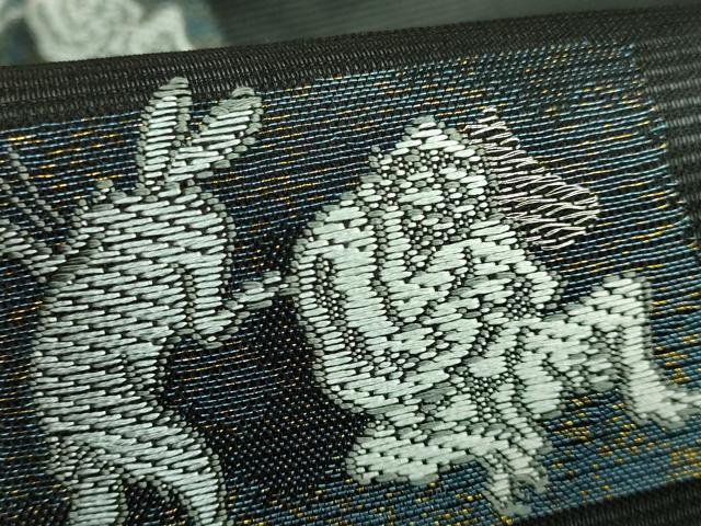 平和屋着物*極上 夏物 九寸名古屋帯 鳥獣戯画 金銀糸 黒地 逸品 新品 DZAA9458kh5