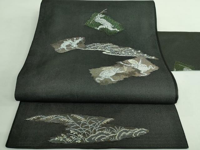 平和屋着物*極上 夏物 九寸名古屋帯 鳥獣戯画 金銀糸 黒地 逸品 新品 DZAA9464kh5