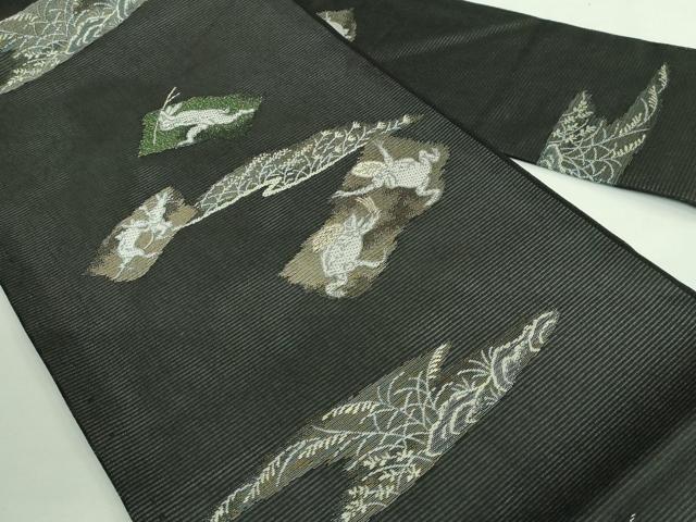 平和屋着物*極上 夏物 九寸名古屋帯 鳥獣戯画 金銀糸 黒地 逸品 新品 DZAA9464kh5