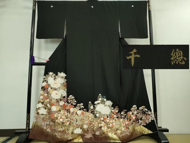 平和屋本店■極上 創業460年・千總 黒留袖 駒刺繍 乱菊 牡丹 吉祥花文 金彩 逸品 DZAA9552kh5