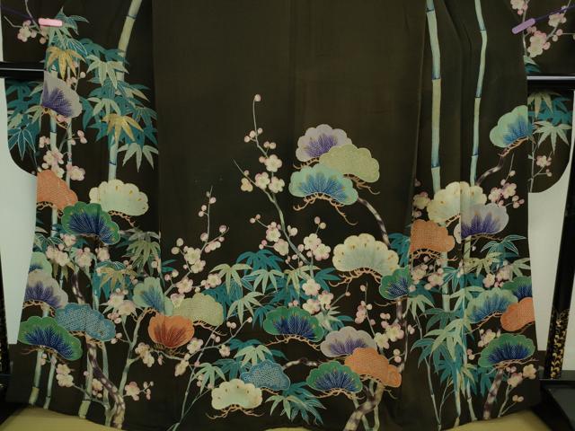 平和屋着物■極上 アンティーク 大正ロマン 振袖 駒刺繍 松竹梅 黒地 金糸 縮緬地 逸品 DZAA9563kh5