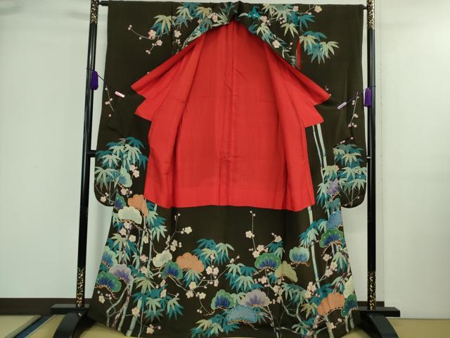 平和屋着物■極上 アンティーク 大正ロマン 振袖 駒刺繍 松竹梅 黒地 金糸 縮緬地 逸品 DZAA9563kh5