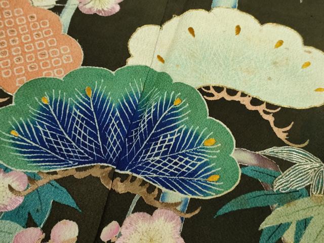 平和屋着物■極上 アンティーク 大正ロマン 振袖 駒刺繍 松竹梅 黒地 金糸 縮緬地 逸品 DZAA9563kh5