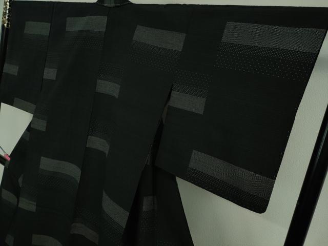 平和屋着物▽極上 お召 単衣 横段文 黒地 逸品 未使用 DZAA9610kh5