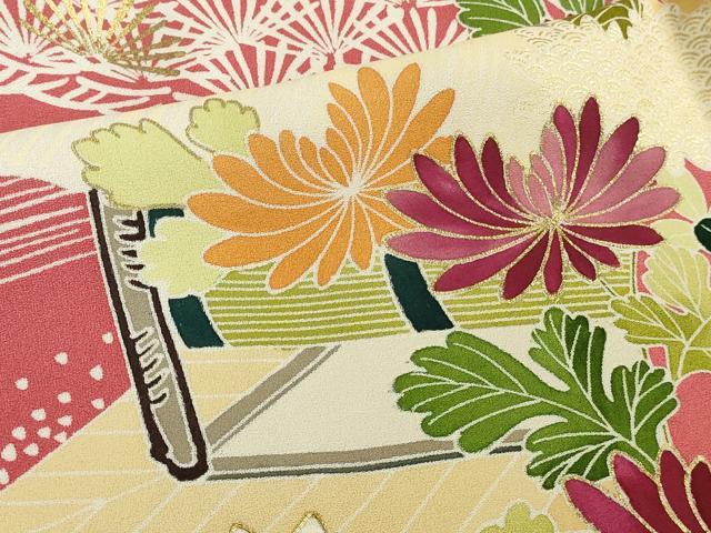 平和屋本店■極上 創業460年・千總 振袖 駒刺繍 吉祥花風景 今様色地 金彩 反端付き 逸品 未使用 DZAA9617kh5