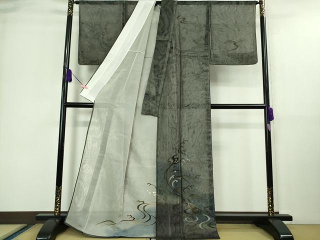 平和屋着物▽極上 訪問着 無双 紗袷 紗×紗 立波に舟 黒地 暈し染め 金彩 逸品 DZAA9653kh5