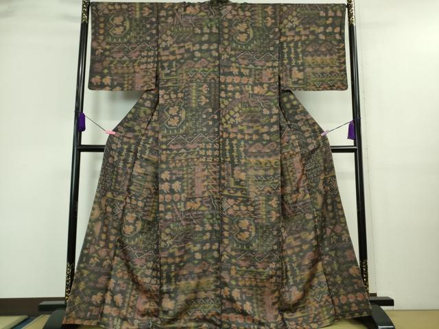 平和屋本店■極上 インド・アッサム 野蚕糸 手織 ムガシルク 象形文字 紫黒色地 逸品 DZAA9671kh5