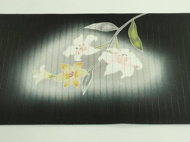 平和屋着物*極上 夏物 九寸名古屋帯 友禅 枝花文 百合 黒地 逸品 DZAA9702kh5