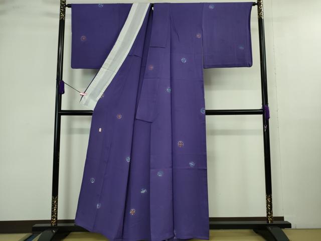 平和屋着物▽極上 北大路魯山人 小紋 単衣 魚 蟹 深紫色地 逸品 DZAA9849kh5