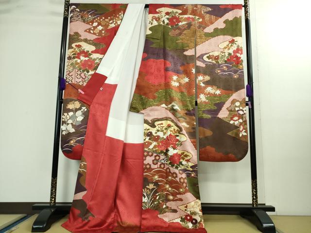 平和屋本店■極上 皇室献上作家 藤井寛 振袖 山路霞に百花の図 金彩 色紙付き 逸品 DZAA9890kh5