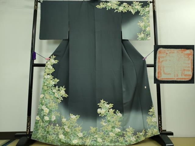 平和屋本店■極上 名門染元 秀美 十日町友禅 訪問着 草花文 藍鉄色地 暈し染め 逸品 未使用 DZAA9957kh5