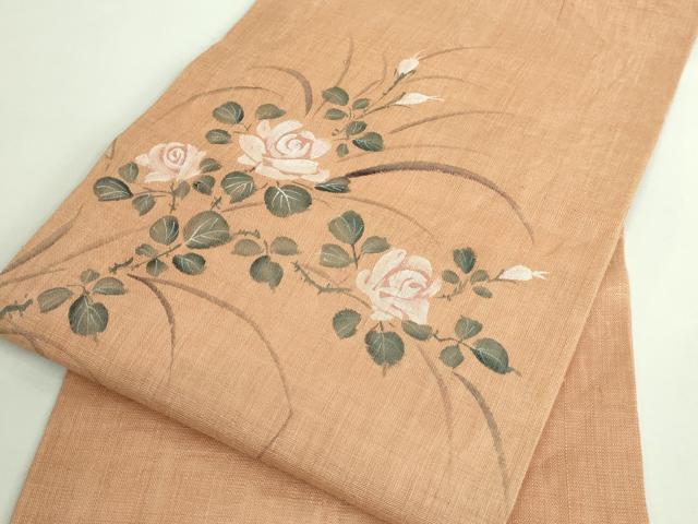 平和屋着物■極上 夏物 九寸名古屋帯 手描き 枝花文 薔薇 麻 逸品 DZAB0015kh5