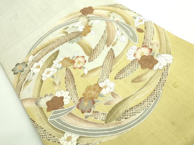 平和屋本店■極上 染織の名門 しょうざん 生紬 太鼓柄袋帯 スリーシーズン帯 駒刺繍 花丸文 金糸 証紙付き 逸品 DZAB0081kh5