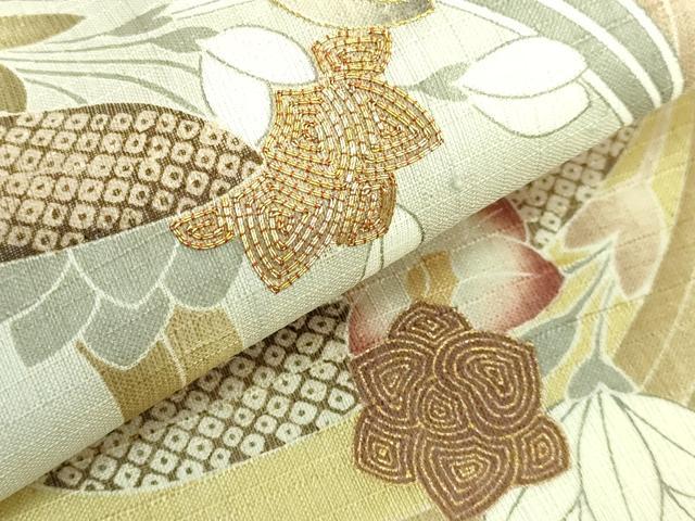 平和屋本店■極上 染織の名門 しょうざん 生紬 太鼓柄袋帯 スリーシーズン帯 駒刺繍 花丸文 金糸 証紙付き 逸品 DZAB0081kh5