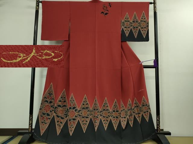 平和屋着物●極上 ファッションデザイナー HIROKO KOSHINO コシノヒロコ 訪問着 草花文 赤紅色地 金彩 逸品 未使用 DZAB0183kh5
