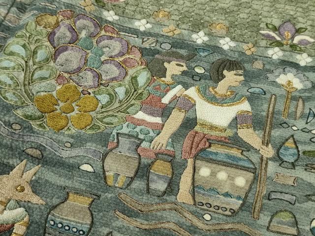 平和屋本店■極上 中国三大刺繍 スワトウ刺繍 汕頭刺繍 訪問着 エジプト壁画文様 金糸 逸品 DZAB0194kh5