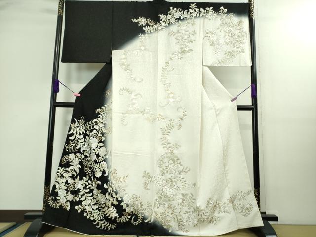 平和屋本店■極上 訪問着 総手刺繍 花唐草文 暈し染め 金銀糸 銀通し地 白×黒 逸品 DZAB0198kh5