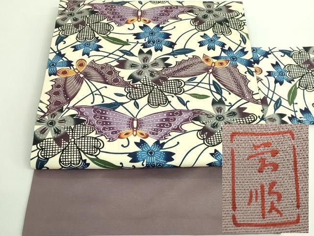 平和屋本店■最高級 城間栄順 本場琉球紅型 塩瀬 九寸名古屋帯 花蝶文 逸品 DZAB0207kh5