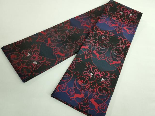 平和屋着物●極上 半幅帯 BANKAN わものや 猫 唐草 黒地 銀糸 逸品 DZAB0270kh5