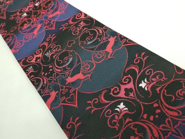 平和屋着物●極上 半幅帯 BANKAN わものや 猫 唐草 黒地 銀糸 逸品 DZAB0270kh5