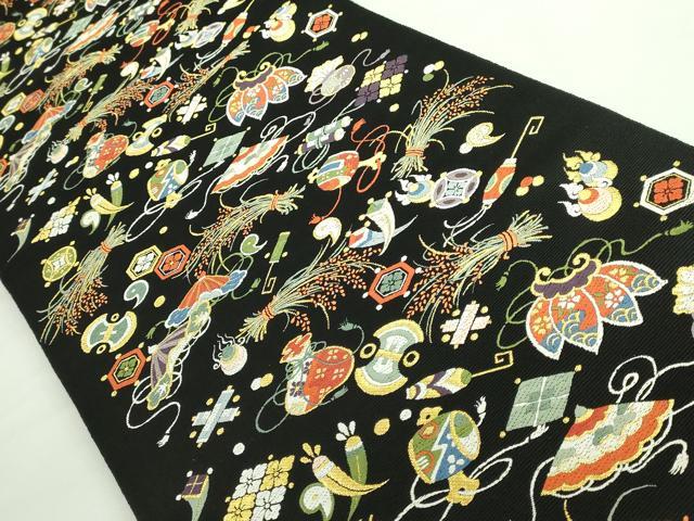 平和屋着物●極上 西陣の老舗 1782年創業 山下織物 六通柄袋帯 唐織 豊年宝尽くし 黒地 金糸 逸品 DZAB0276kh5