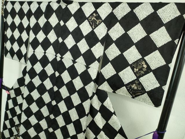 平和屋本店■極上 本疋田絞り 訪問着 草花 鹿の子菱市松 黒×白 金彩 逸品 DZAB0327kh5