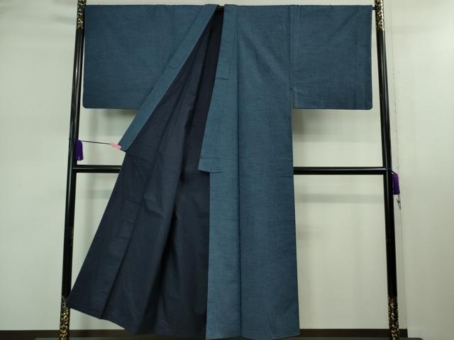 平和屋着物■極上 男性 山繭紬 アンサンブル キングサイズ 長羽織 色無地 青藍色 猪俣謹製 証紙付き 逸品 DZAB0398kh5