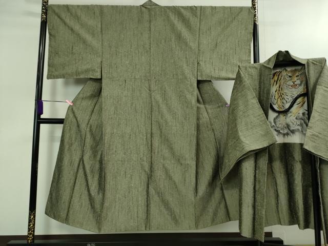 平和屋着物■極上 男性 髭紬 アンサンブル 長羽織 柳茶色地 羽裏・虎 逸品 DZAB0404kh5