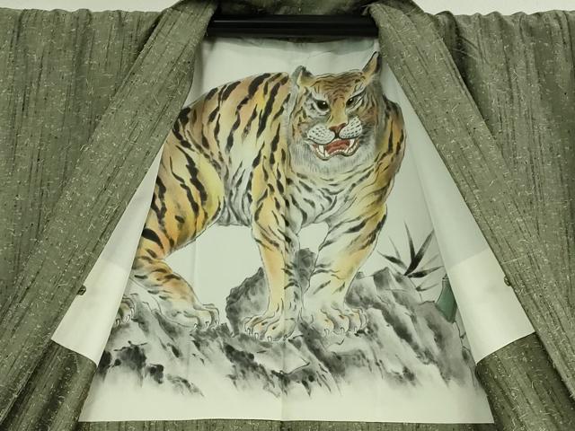 平和屋着物■極上 男性 髭紬 アンサンブル 長羽織 柳茶色地 羽裏・虎 逸品 DZAB0404kh5