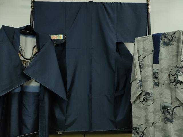 平和屋本店■極上 男性 本場大島紬 アンサンブル キングサイズ 長襦袢(風神雷神)・長羽織セット 窪田謹製 証紙付き 逸品 未使用DZAB0415kh5