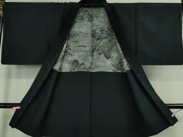 平和屋本店■極上 男性 紬 アンサンブル 長羽織 黒地 逸品 未使用 DZAB0419kh5