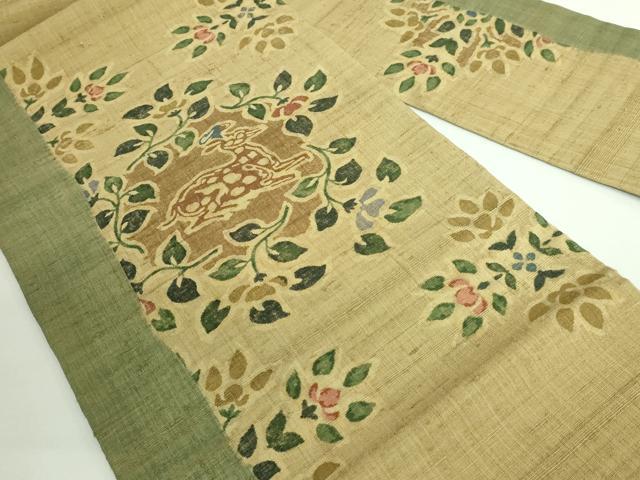 平和屋着物●極上 九寸名古屋帯 生紬 型染め 鹿花文 逸品 DZAB0454kh5