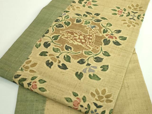 平和屋着物●極上 九寸名古屋帯 生紬 型染め 鹿花文 逸品 DZAB0454kh5