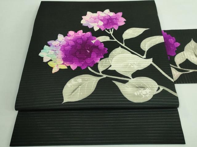 平和屋着物*極上 夏物 絽塩瀬 九寸名古屋帯 紫陽花 黒地 逸品 DZAB0463kh5