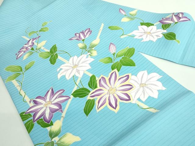 平和屋本店*極上 夏物 絽塩瀬 九寸名古屋帯 鉄仙花 水色地 銀彩 逸品 DZAB0490kh5