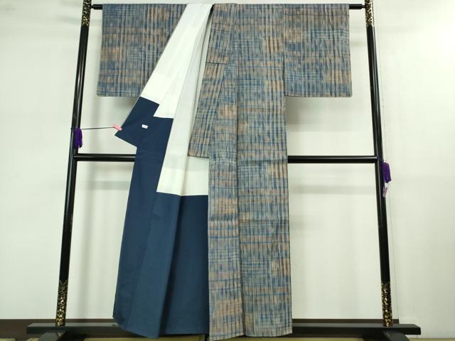 平和屋着物●極上 生紬 藍 格子 逸品 未使用 DZAB0588kh5