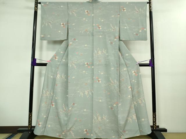 平和屋着物▽極上 洗える最高級着物 <英>はなぶさ謹製 小紋 単衣 立波草花文 秘色色地 逸品 DZAB0605kh5