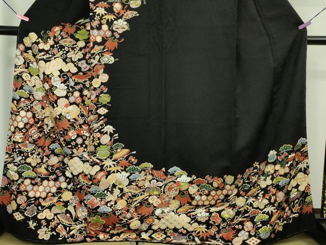 平和屋本店■極上 訪問着 駒刺繍 宝尽くし 黒地 金彩 逸品 未使用 DZAB0649kh5