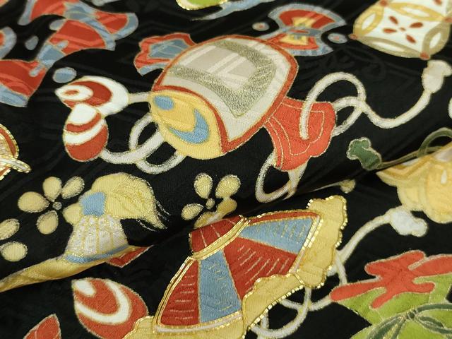 平和屋本店■極上 訪問着 駒刺繍 宝尽くし 黒地 金彩 逸品 未使用 DZAB0649kh5
