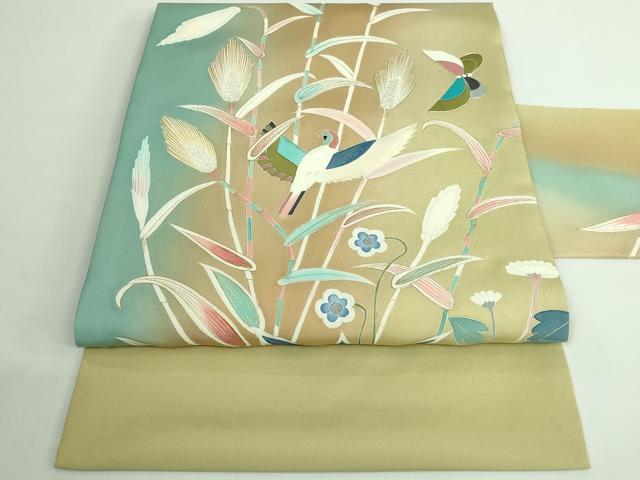 平和屋着物●極上 塩瀬 九寸名古屋帯 刺繍 花鳥文 舞蝶 金彩 逸品 DZAB0685kh5