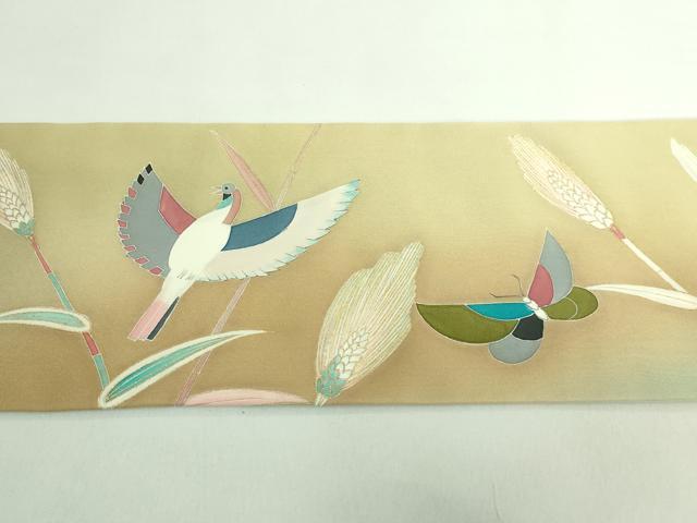 平和屋着物●極上 塩瀬 九寸名古屋帯 刺繍 花鳥文 舞蝶 金彩 逸品 DZAB0685kh5