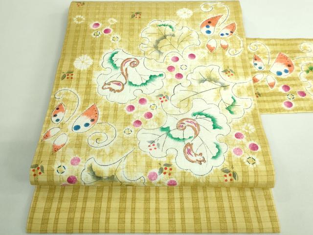 平和屋本店■希少 型絵染染色家・鈴木紀絵 九寸名古屋帯 手描き 絞り 舞花文 リス 逸品 DZAB0686kh5