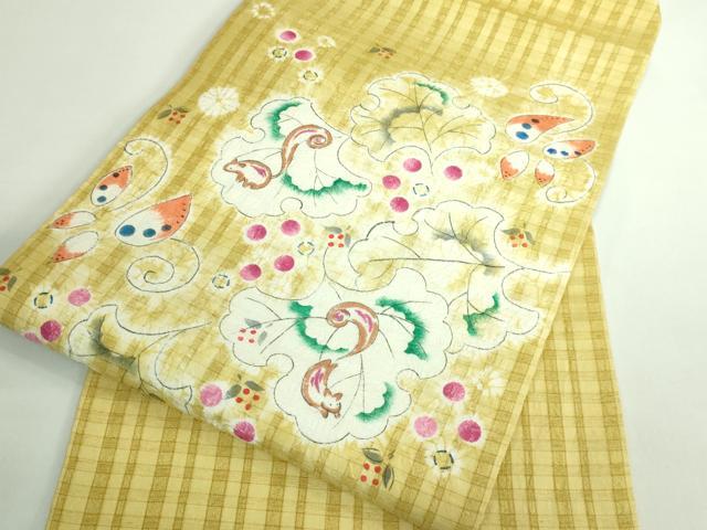 平和屋本店■希少 型絵染染色家・鈴木紀絵 九寸名古屋帯 手描き 絞り 舞花文 リス 逸品 DZAB0686kh5