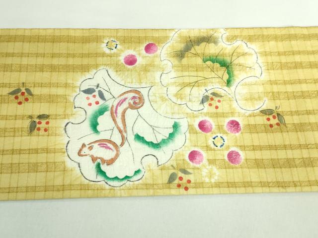 平和屋本店■希少 型絵染染色家・鈴木紀絵 九寸名古屋帯 手描き 絞り 舞花文 リス 逸品 DZAB0686kh5