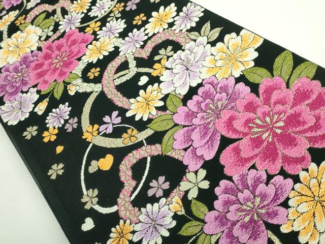 平和屋着物●極上 両面 六通柄袋帯 唐織 舞花文 黒地 金糸 逸品 DZAB0709kh5